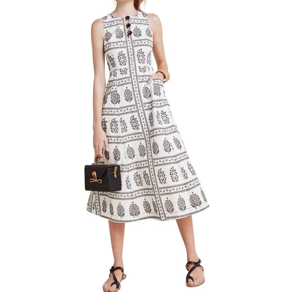 Anthropologie Woodblock Floral Midi Dress Pockets Black White Women's Size 0